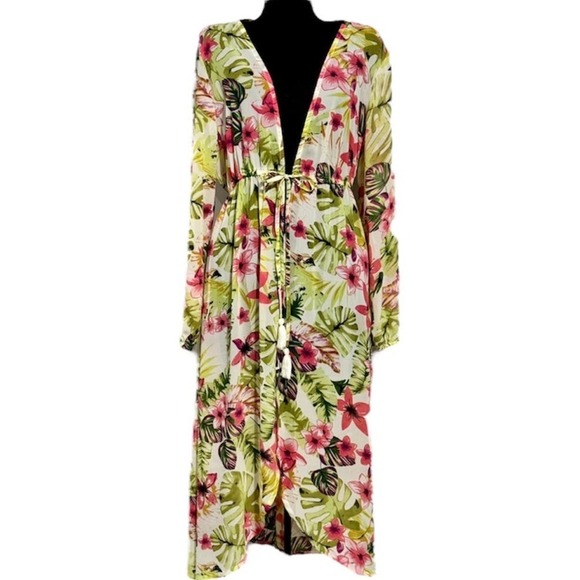 GOA Beachwear by Japna Drawstring Waist Floral Print Chiffon Coverup Robe L - Picture 3 of 8